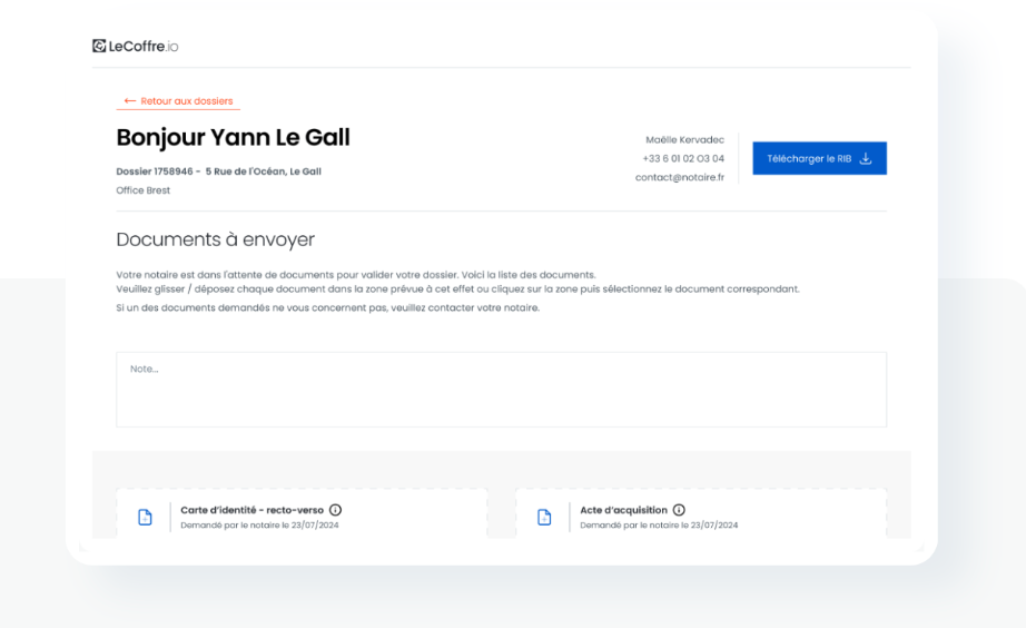 Espace client LeCoffre.io pour déposer les documents au notaire